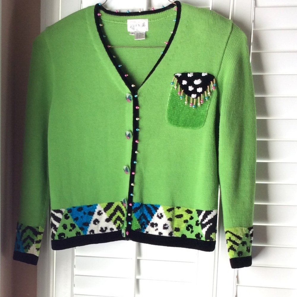Just B Green Cardigan Beaded Sweater